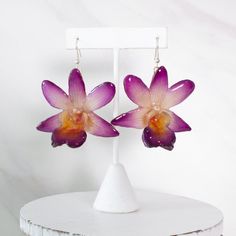 "Fleur" Real Orchid Earrings - Purple - Limited Edition Resin Orchid Earrings, Real Flower Earrings, Orchid Jewelry, Orchid Earrings, Tropical Jewelry, Natural Flowers, Real Flower Jewelry, Pink Orchids, Unique Flower