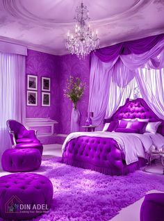 a bedroom with purple and white decor in the corner, chandelier hanging from the ceiling