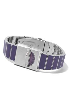 Purple epoxy adds a dreamy haze to this stainless-steel bracelet watch showcasing a half-moon display beneath the time window for a playful peak inside. 26mm case; 20mm band width Quartz movement Stainless steel Imported Modern Purple Watch With Round Dial, Purple Watch, Girls Watches, Samsung Gear Fit, Tandem, Steel Bracelet, Half Moon, Stainless Steel Bracelet, Quartz Movement