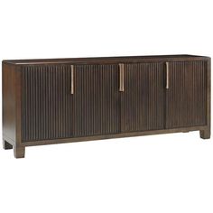 the sideboard is made from wood and has two doors on each side, with brass handles