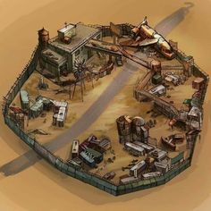 an old western town is depicted in this stylized image, with no people around it