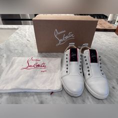 Christian Louboutin "F.A.V. Fique A Vontade" Low-Top Sneaker In Smooth Calf Leather. Round Toe. Laceless Vamp With Silvertone Spikes. Large Logo Tag At Tongue. Tabbed Backstay. Slip-On Style. Rubber Sole. Made In Italy. Slipon Sneakers, Christian Louboutin Men, Logo Tag, Leather Slip Ons, Christian Louboutin Shoes, Slip On Sneakers, Mens Shoes Sneakers, Low Top, Calf Leather