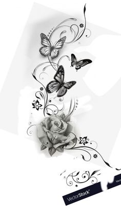 a black and white photo with some butterflies flying over the top of a rose flower