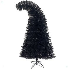 a small black christmas tree on a white background with an upside down view and no top