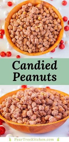 two bowls filled with candied peanuts on top of a white and red table cloth