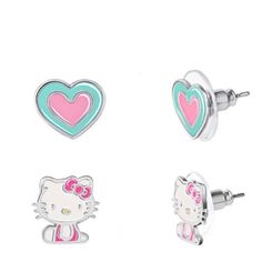 2 Sets Of Earrings Hello Kitty Set 1: Stud Closure Full Size Hello Kitty Pink Bow Over Ears Fine Silver Plated Set 2: Heart Shaped Light Blue Outside Pink Inside Fine Silver Plated Cute As Gift For Tweens, Kids Or Hello Kitty Lover Cute Hypoallergenic Earrings, Cute Pink Heart Earrings For Birthday, Pink Cat Design Jewelry With Cat Ears, Pink Cat Ears Jewelry As Gift, Pink Cat Ears Jewelry As A Gift, Trendy Pink Hello Kitty Jewelry, Playful Pink Earrings With Cute Design, Cute Blue Earrings For Valentine's Day, Cute Hypoallergenic Heart Earrings