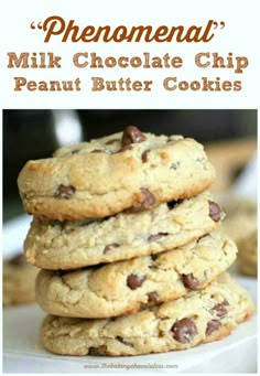 chocolate chip peanut butter cookies stacked on top of each other with the title in the middle