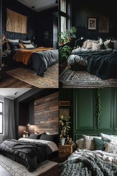 four different pictures of a bedroom with dark green walls and wood paneling on the walls