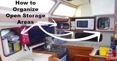 an open storage area in a boat is shown with the words how to organize on it