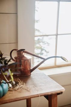 a copper watering can sitting on top of a wooden table next to a potted plant