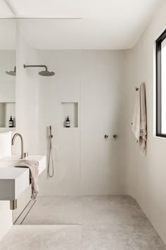 a white bathroom with two sinks and a shower