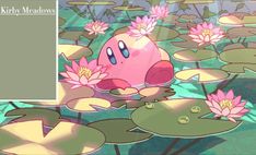 an image of a cartoon character floating in the water with lily pads on it's surface