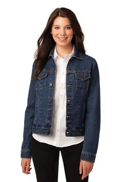 We took the classic denim jacket and reworked it into a figure-flattering style for her with a more modern fit, improved wash treatment and bronze buttons. | 13.75-ounce, 100% stonewashed indigo denim Two button-through flap chest pockets;  Button cuffs;  Front pockets; Ladies Denim Jacket, Personalized Jacket, Custom Denim Jacket, Ladies Denim, Casual Workwear, Custom Denim, Classic Denim Jacket, Warm Dresses, Work Uniforms