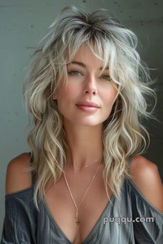 Grey Curly Shag Hairstyles, Shag Grey Hairstyles, Medium Shag For Curly Hair, Wolf Shag Haircut Long, 1970 Shag Haircut For Women, Long Layered Silver Hair With Bangs, Halfway Hairstyles, Medium Length Hair With Layers Shag, Summer Hairstyles For Shoulder Length