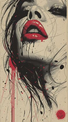 a woman's face with red lipstick and blood splatters