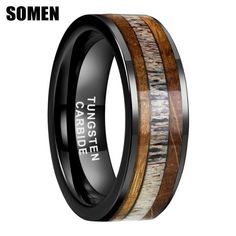 men's black ceramic ring with antelope wood inlay and beveled edges