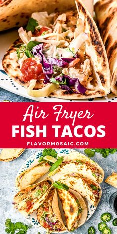 fish tacos on a plate with text overlay