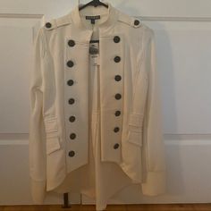 Brass Buttons Military Jacket. Does Not Button Closed. Small Stain From Storage On The Collar, This Could Probably Be Washed Away. Brand New With Tags. Cream Blazer With Button Closure, Cream Long Sleeve Blazer With Button Closure, Cream Button-up Outerwear With Snap Buttons, Double-breasted Cream Outerwear With Buttons, Cream Double-breasted Outerwear With Buttons, Spring Cream Outerwear With Covered Buttons, Cream Long Sleeve Blazer With Buttons, Cream Pea Coat With Button Closure For Spring, White Button-up Outerwear With Covered Buttons