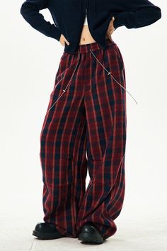 red and navy plaid pattern pants, academy punk aesthetic pants, wide sweatpants, grunge clothes Sweatpants Grunge, Grunge Clothes