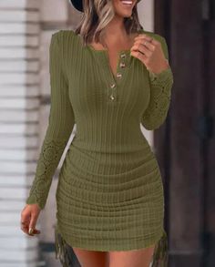 Olivia Mark - Round Neck Open End Fringed Long Sleeve Bodycon Dress with Adjustable Length for a Sexy Look Dresses Spring, Short Lace Dress, Lace Short, Midi Dress Party, Sleeve Bodycon Dress, Long Sleeve Lace Dress, Long Sleeve Bodycon, Long Sleeve Bodycon Dress, Party Dresses For Women