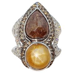 Rough Diamond, Yellow Star Sapphire and Diamond Ring Set in 18 Karat White Gold | From a unique collection of vintage More Rings at https://www.1stdibs.com/jewelry/rings/more-rings/. Rough Diamond Jewelry, Yellow Star, Contemporary Ring, Star Sapphire, Diamond Ring Settings, Sapphire Diamond Ring, Diamond Star, Brown Diamond, Pretty Rings