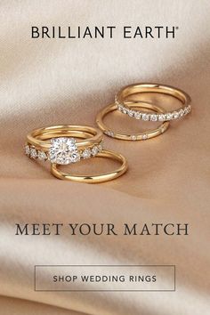 three gold wedding rings with the words, brilliant earth meet your match shop wedding rings