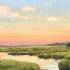 an oil painting of a marsh at sunset