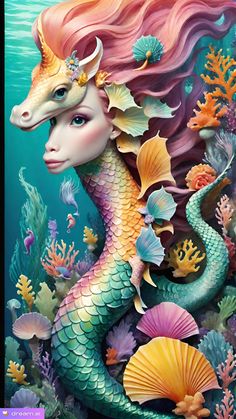 a painting of a mermaid with long hair and a sea horse on it's head