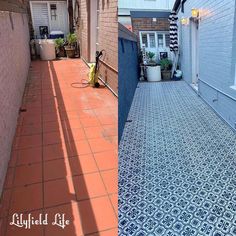 an alley way with blue and white tiles on the ground, and another alleyway with red tiled floors