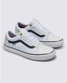 White Rubber Sole Skate Shoes For Streetwear, White Skateboarding Sneakers With Vulcanized Sole, White Sneakers With Vulcanized Sole For Skateboarding, White Vulcanized Sole Sneakers For Skateboarding, Vans White Skate Shoes With Rubber Sole, White Low-top Skate Shoes With Perforated Toe Box, Modern White Skateboarding Shoes, Modern White Skate Shoes For Skateboarding, White Sneakers With Gum Sole For Skateboarding