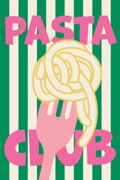 the pasta club logo is shown in pink, green and white stripes with a hand reaching for it