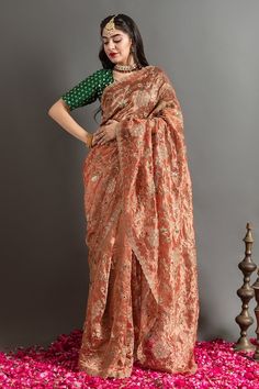 Buy Brown Tissue Embroidered Marodi Round Sarson Zardozi Saree With Blouse For Women by Ruar India Online at Aza Fashions. Zardozi Saree, Tissue Saree, Blouse For Women, Fashion App, Saree With Blouse, Blouse Online, Aza Fashion, Blouses For Women, Rust