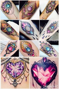 many different pictures of tattoos on the arm and leg, all in different colors with an intricate