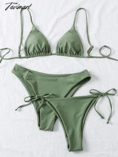 437260356-29 Solid String Swimwear For Vacation, Solid Color String Swimwear For Vacation, Solid Color String Swimwear For Beach, String Swimwear For Beach, Green Triangle Top Swimwear With Drawstring, Pretty Swimsuits, High Waist Swimsuit, Womens Pleated Skirt, Womens Prom Dresses