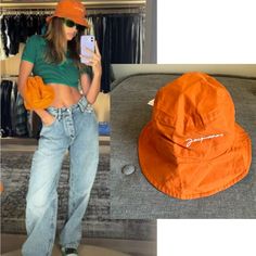 New With Tag Adjusted Orange Bucket Hat With Curved Brim For Spring, Orange Brimmed Bucket Hat For Spring, Orange Bucket Hat Outfit, Orange Hat Outfit, Trendy Spring Visor Bucket Hat, Spring Orange Bucket Hat With Curved Brim, Orange Vacation Hat, One Size Fits Most, Orange Flat Brim Hat, Casual Adjustable Orange Bucket Hat