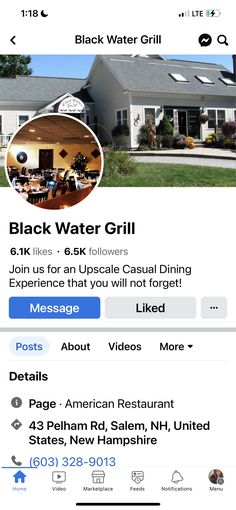 the black water grill on facebook is displayed in front of a house with an ad for it