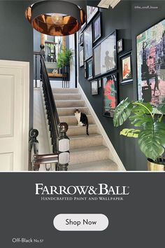 an advertisement for the farrow and ball hand painted paint and wallpaper shop now