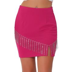 Sparkly FringeTrim, is delicate and adds charm to the skirt. High Waist, highlight your waistline. Elastic Back, making this skirt not too tight. Invisible Zipper Side, easy on and off. Split Hem, is feminine and playful. Bodycon Mini Skirt, is stylish and classical. Regular Fit, this special skirt goes well with crop tops, camisoles, halter tops, fitter shirts, blouses, or t-shirts in summer, also can be matched with a metallic top for a dance disco party. This pencil skirt is made up of severa Split Fringe, Skirts Hot, Fringe Fabric, Bodycon Pencil Skirt, Mini Pencil Skirt, Floral Mini Skirt, Pencil Skirts, Women's Skirts, Bottom Clothes