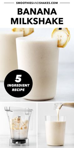 bananas and milk being poured into a blender with the words, how to make banana milk