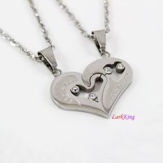 "LarkKing NE6610 Stainless steel love necklace, couples heart necklace with crystals on the stainless steel hearts, one set for couples Size: 1 1/4\"x1\" (2 pcs together) Chain: Stainless steel To select Chain Style and Length from a drop down menu: Cable chain: 16\", 18\", 20\", 22\", 24\", 26\", 28\". Wheat chain: 16\", 18\", 20\", 22\", 24\", 26\", 28\". Rope chain: 18\", 20\", 22\", 24\". Box chain: 18\", 20\", 22\", 24\". Quantity Unit: two pendants with two chains (same length) together. G Double Heart Stainless Steel Necklace For Anniversary, Silver Stainless Steel Couples Necklace, Couples' Heart Shaped Stainless Steel Jewelry, Couples' Stainless Steel Heart Jewelry, Heart-shaped Stainless Steel Wedding Necklace, Couples' Silver Stainless Steel Necklaces, Heart-shaped Friendship Necklaces With Adjustable Chain, Couples' Stainless Steel Heart-shaped Jewelry, Couples Heart-shaped Necklace For Gift