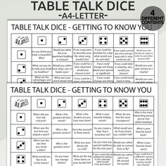 the table talk dice game is shown in black and white with instructions for how to use it