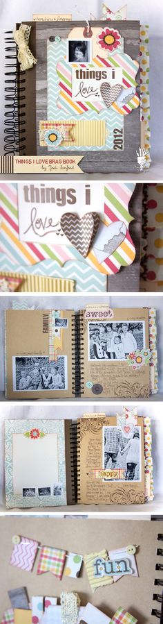 the inside pages of a scrapbook are lined up with different pictures and words on them