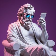 a white statue holding a cell phone and wearing blue tinted glasses, sitting in a chair