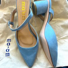 Baby Blue Designer Slip On Pumps. So Adorable And Never Worn. Blue Pointed Toe Casual Sandals, Casual Blue Pointed Toe Sandals, Blue Block Heel With Branded Insole, Blue Closed Toe Heels With Branded Insole, Blue Closed Toe Heels With Removable Insole, Blue Slip-on Heels, Blue Suede Heels With Removable Insole, Blue Suede Casual Heels, Blue Suede Shoes