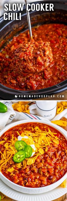 slow cooker chili with meat and cheese in the crock pot is ready to be eaten