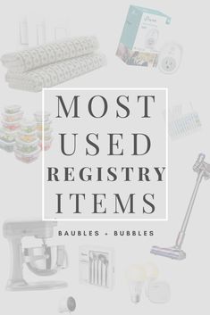 the words most used registry items are in front of an image of kitchen appliances and utensils