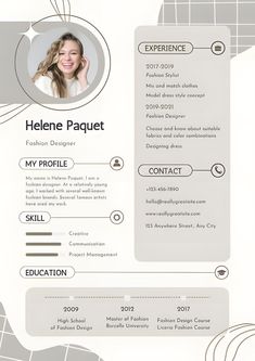 a professional resume is shown in grey and white with an image of a woman's face