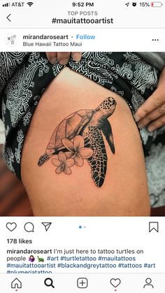 a woman's thigh with a turtle tattoo on it