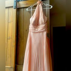 Blush Pink Halter Dress- Nwt Pleated And Perfect For Dancing. Elegant Apricot Chiffon Dress, Pink Pleated Halter Neck Dress, Elegant Apricot Maxi Dress For Party, Elegant Flowy Peach Maxi Dress, Elegant Peach Maxi Dress For Bridesmaids, Pleated Halter Dress, Dress Picture, Morganite, Green Dress