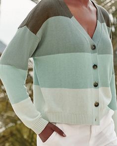 We took your favorite cropped boxy silhouette, crafted it in a summery blend of linen and organic cotton, then added a graphic color-block ombré for an effortless cardigan with exciting interest. Wear it buttoned as a pullover or open as your go-to layer.  Exclusive. V-neckline when fully buttoned. Drop shoulders. Long sleeves. Button front. Rib-knit detail at the cuffs and hem. Casual Color Block Cotton Cardigan, Spring Cotton Color Block Cardigan, Spring Color Block Cotton Cardigan, Color Block Cardigan, Garnet Hill, The Chic, Layering Pieces, Rib Knit, Garnet